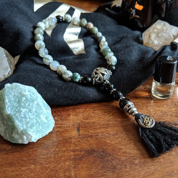 Mala Bracelet: Moss Agate & Obsidian! - Picture 2 of 5